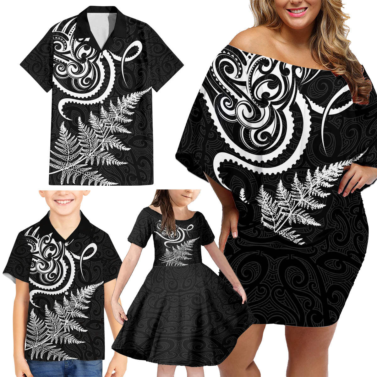 New Zealand Octopus Tattoo and Fern Family Matching Off Shoulder Short Dress and Hawaiian Shirt Maori Pattern LT03 - Polynesian Pride