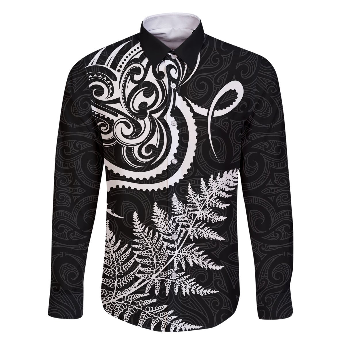New Zealand Octopus Tattoo and Fern Family Matching Puletasi and Hawaiian Shirt Maori Pattern LT03 Dad's Shirt - Long Sleeve Black - Polynesian Pride