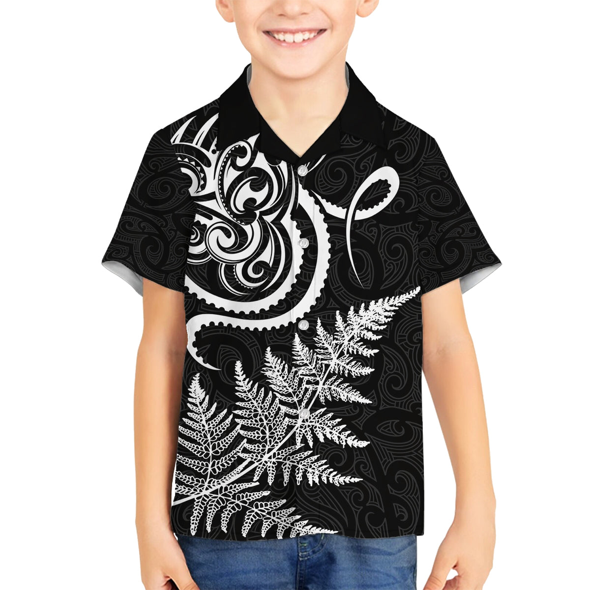 New Zealand Octopus Tattoo and Fern Family Matching Puletasi and Hawaiian Shirt Maori Pattern LT03 Son's Shirt Black - Polynesian Pride