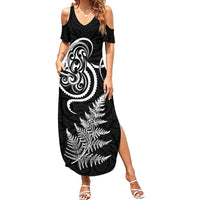 New Zealand Octopus Tattoo and Fern Family Matching Summer Maxi Dress and Hawaiian Shirt Maori Pattern LT03 Mom's Dress Black - Polynesian Pride