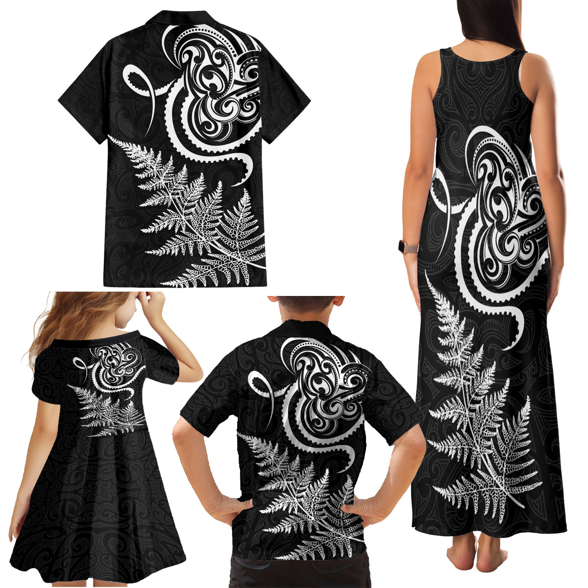 New Zealand Octopus Tattoo and Fern Family Matching Tank Maxi Dress and Hawaiian Shirt Maori Pattern LT03 - Polynesian Pride