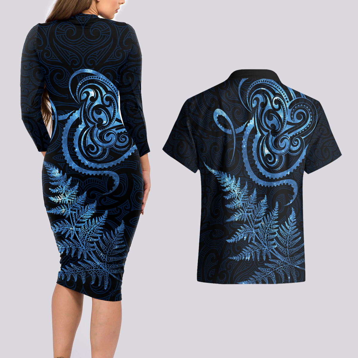New Zealand Octopus Tattoo and Fern Couples Matching Long Sleeve Bodycon Dress and Hawaiian Shirt Maori Pattern Matariki Style LT03 - Polynesian Pride