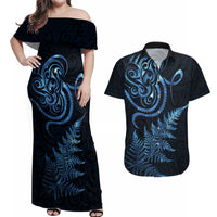 New Zealand Octopus Tattoo and Fern Couples Matching Off Shoulder Maxi Dress and Hawaiian Shirt Maori Pattern Matariki Style LT03 Blue - Polynesian Pride