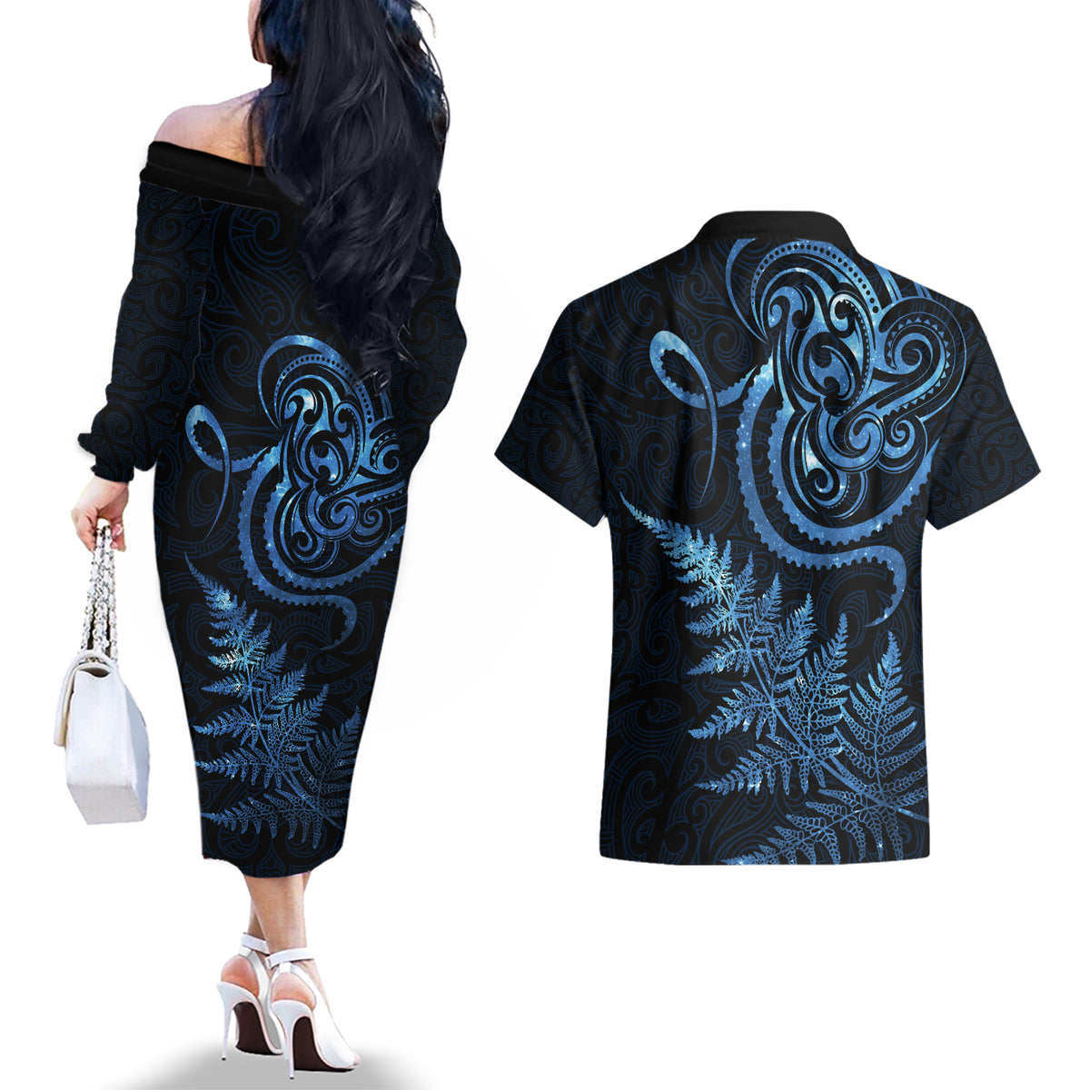 New Zealand Octopus Tattoo and Fern Couples Matching Off The Shoulder Long Sleeve Dress and Hawaiian Shirt Maori Pattern Matariki Style LT03 - Polynesian Pride