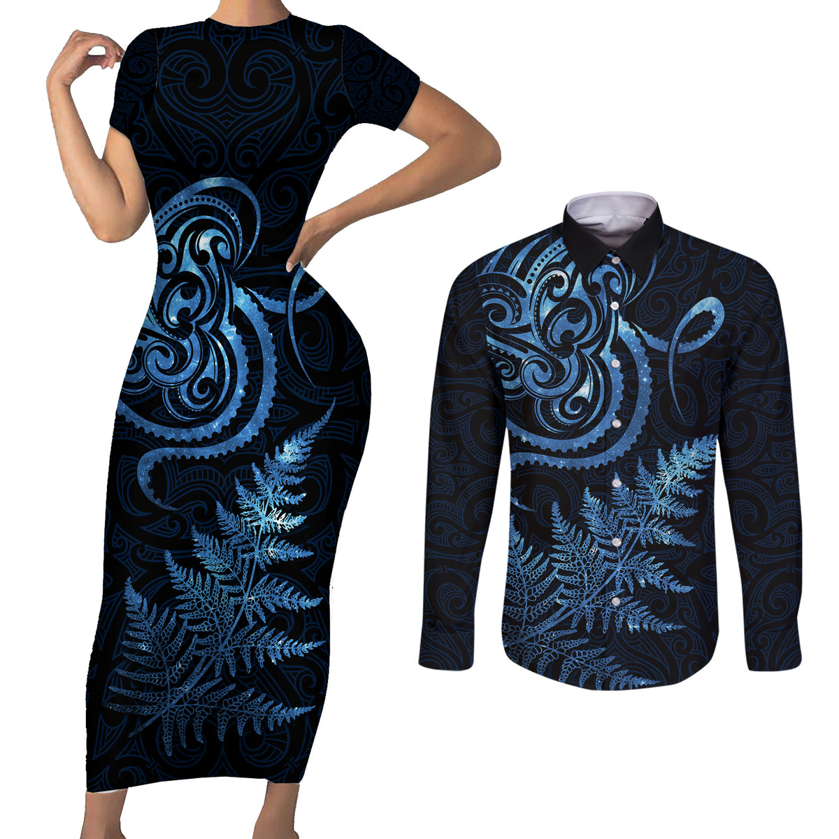 New Zealand Octopus Tattoo and Fern Couples Matching Short Sleeve Bodycon Dress and Long Sleeve Button Shirt Maori Pattern Matariki Style LT03 Blue - Polynesian Pride