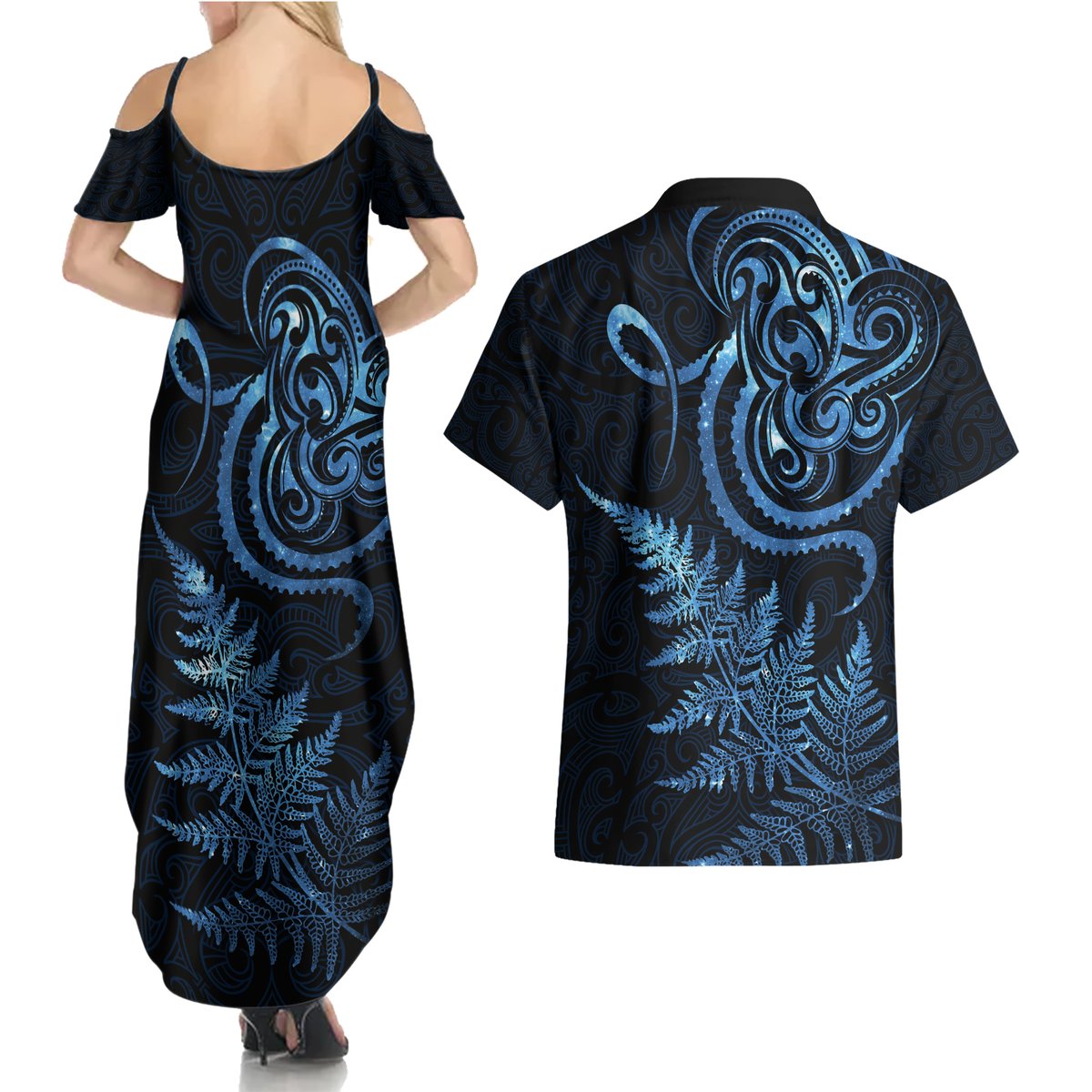 New Zealand Octopus Tattoo and Fern Couples Matching Summer Maxi Dress and Hawaiian Shirt Maori Pattern Matariki Style LT03 - Polynesian Pride