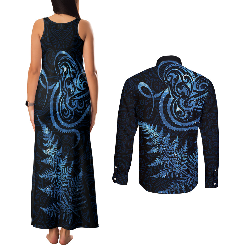 New Zealand Octopus Tattoo and Fern Couples Matching Tank Maxi Dress and Long Sleeve Button Shirt Maori Pattern Matariki Style LT03 - Polynesian Pride