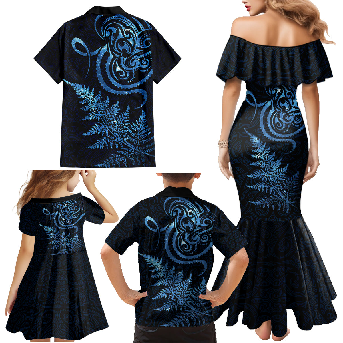 New Zealand Octopus Tattoo and Fern Family Matching Mermaid Dress and Hawaiian Shirt Maori Pattern Matariki Style LT03 - Polynesian Pride