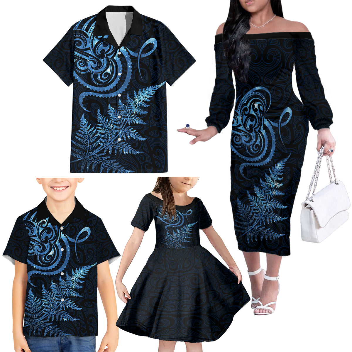 New Zealand Octopus Tattoo and Fern Family Matching Off The Shoulder Long Sleeve Dress and Hawaiian Shirt Maori Pattern Matariki Style LT03 - Polynesian Pride