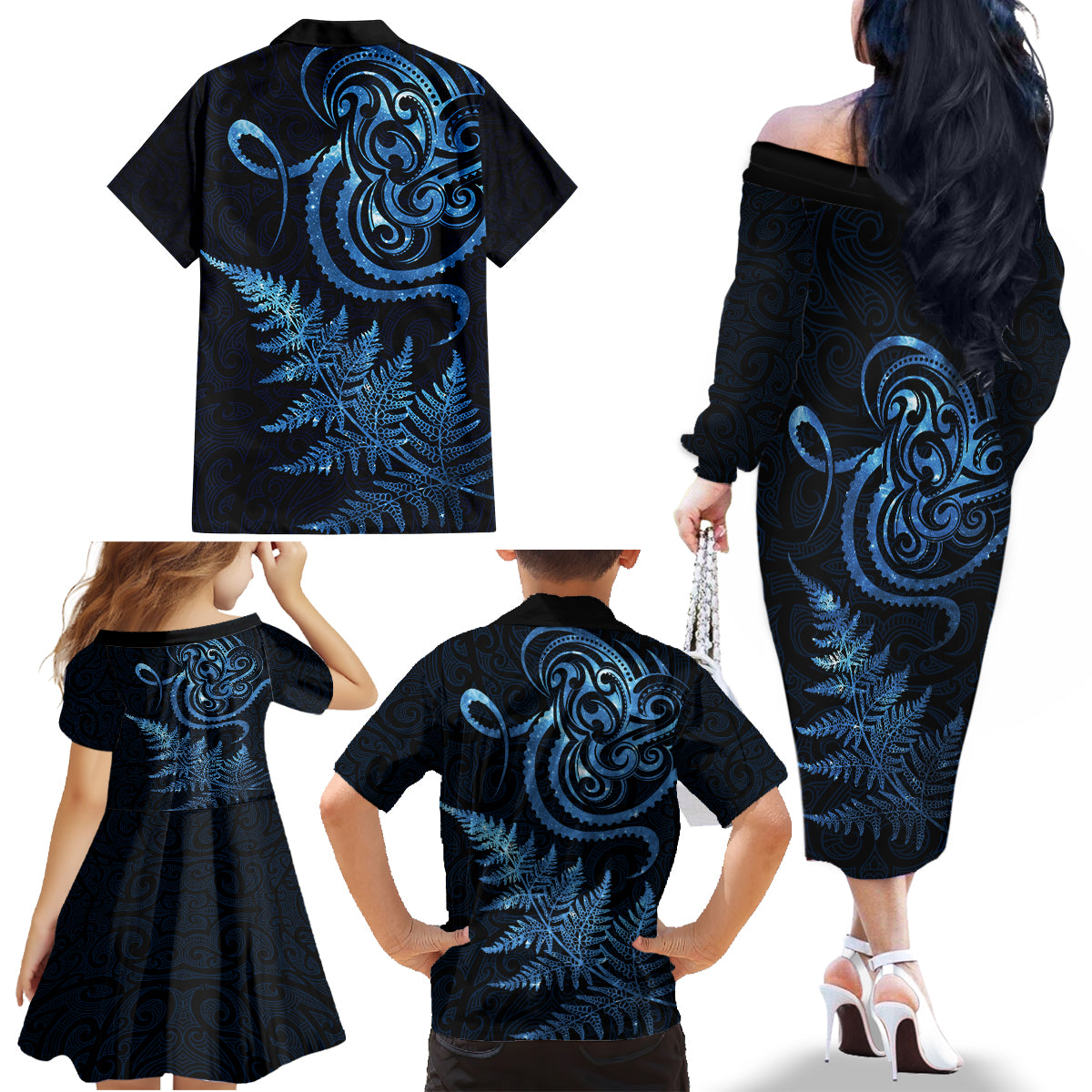 New Zealand Octopus Tattoo and Fern Family Matching Off The Shoulder Long Sleeve Dress and Hawaiian Shirt Maori Pattern Matariki Style LT03 - Polynesian Pride