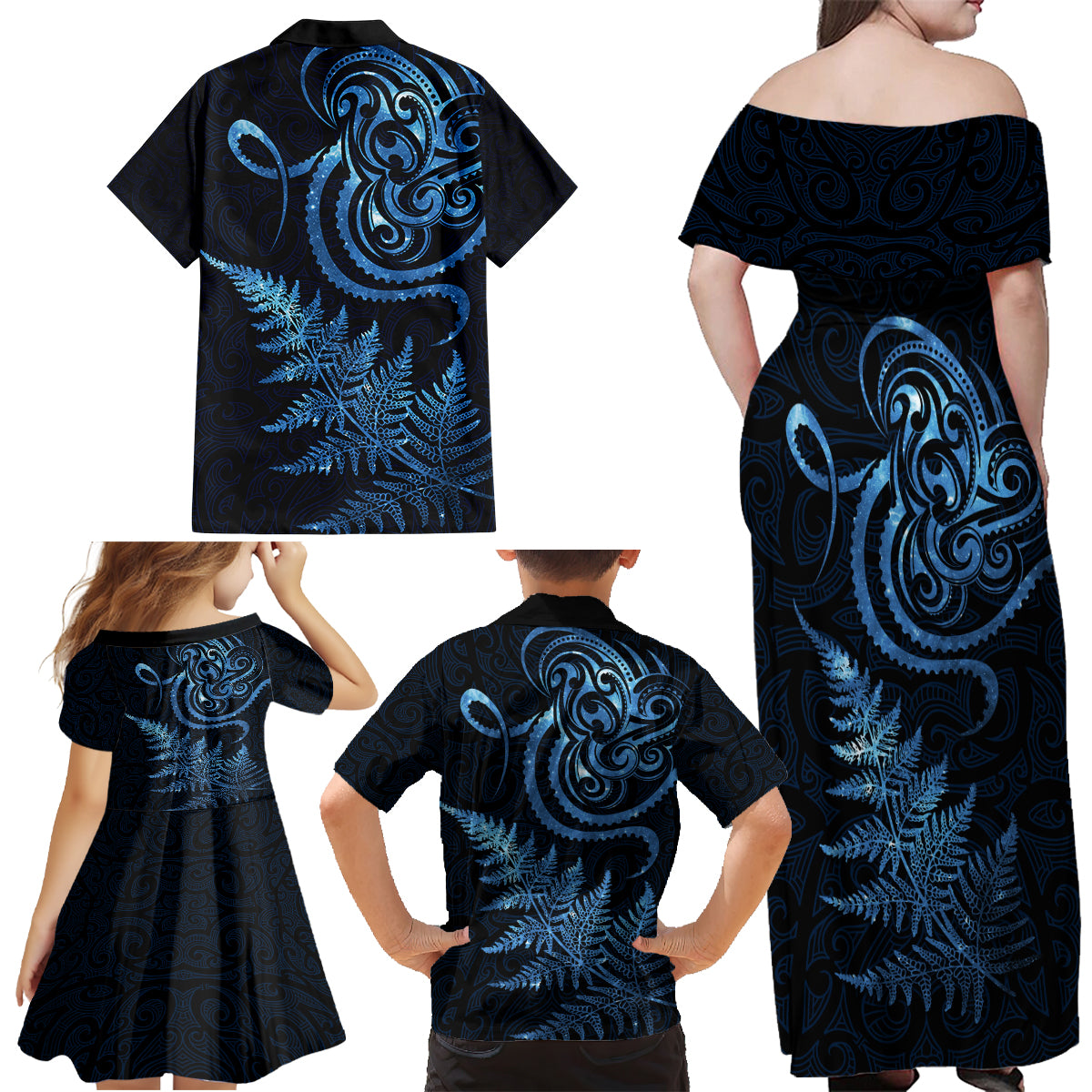 New Zealand Octopus Tattoo and Fern Family Matching Off Shoulder Maxi Dress and Hawaiian Shirt Maori Pattern Matariki Style LT03 - Polynesian Pride