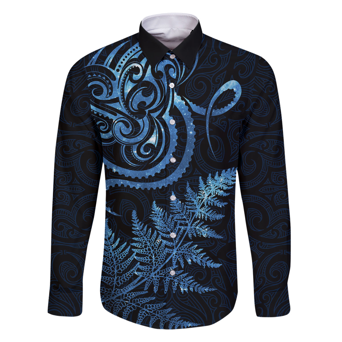 New Zealand Octopus Tattoo and Fern Family Matching Off Shoulder Maxi Dress and Hawaiian Shirt Maori Pattern Matariki Style LT03 Dad's Shirt - Long Sleeve Blue - Polynesian Pride