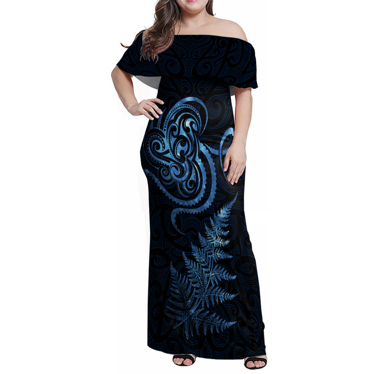 New Zealand Octopus Tattoo and Fern Family Matching Off Shoulder Maxi Dress and Hawaiian Shirt Maori Pattern Matariki Style LT03 Mom's Dress Blue - Polynesian Pride