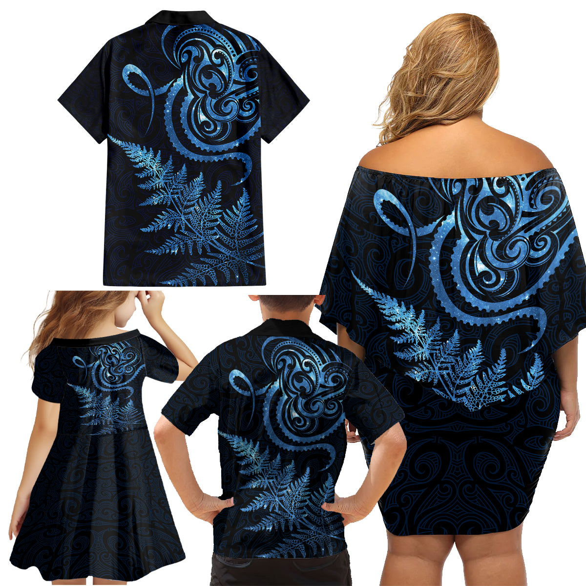 New Zealand Octopus Tattoo and Fern Family Matching Off Shoulder Short Dress and Hawaiian Shirt Maori Pattern Matariki Style LT03 - Polynesian Pride