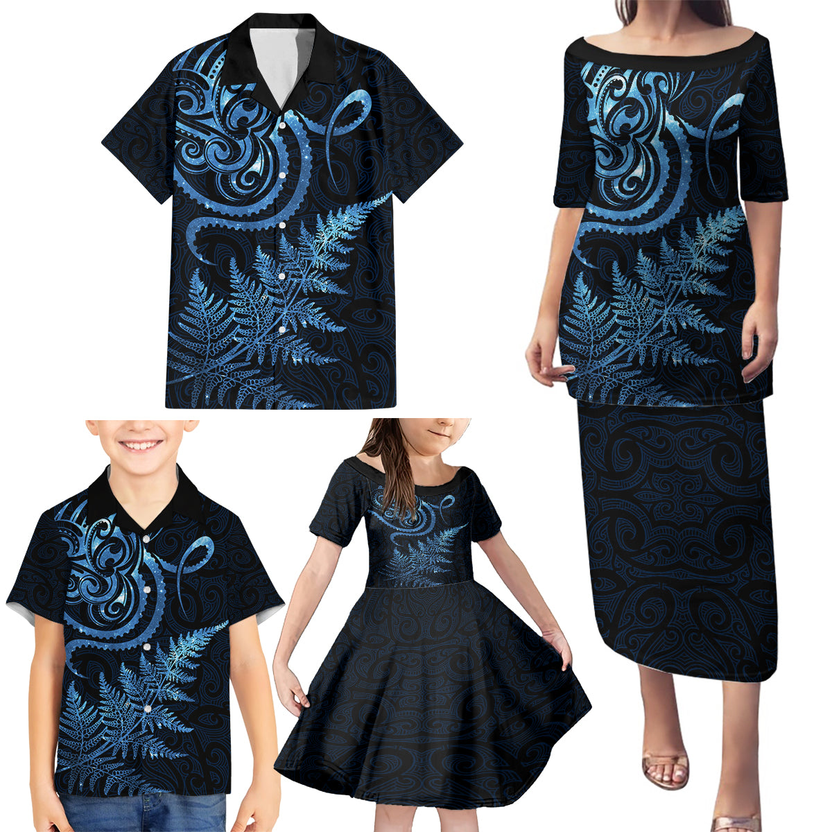 New Zealand Octopus Tattoo and Fern Family Matching Puletasi and Hawaiian Shirt Maori Pattern Matariki Style LT03 - Polynesian Pride