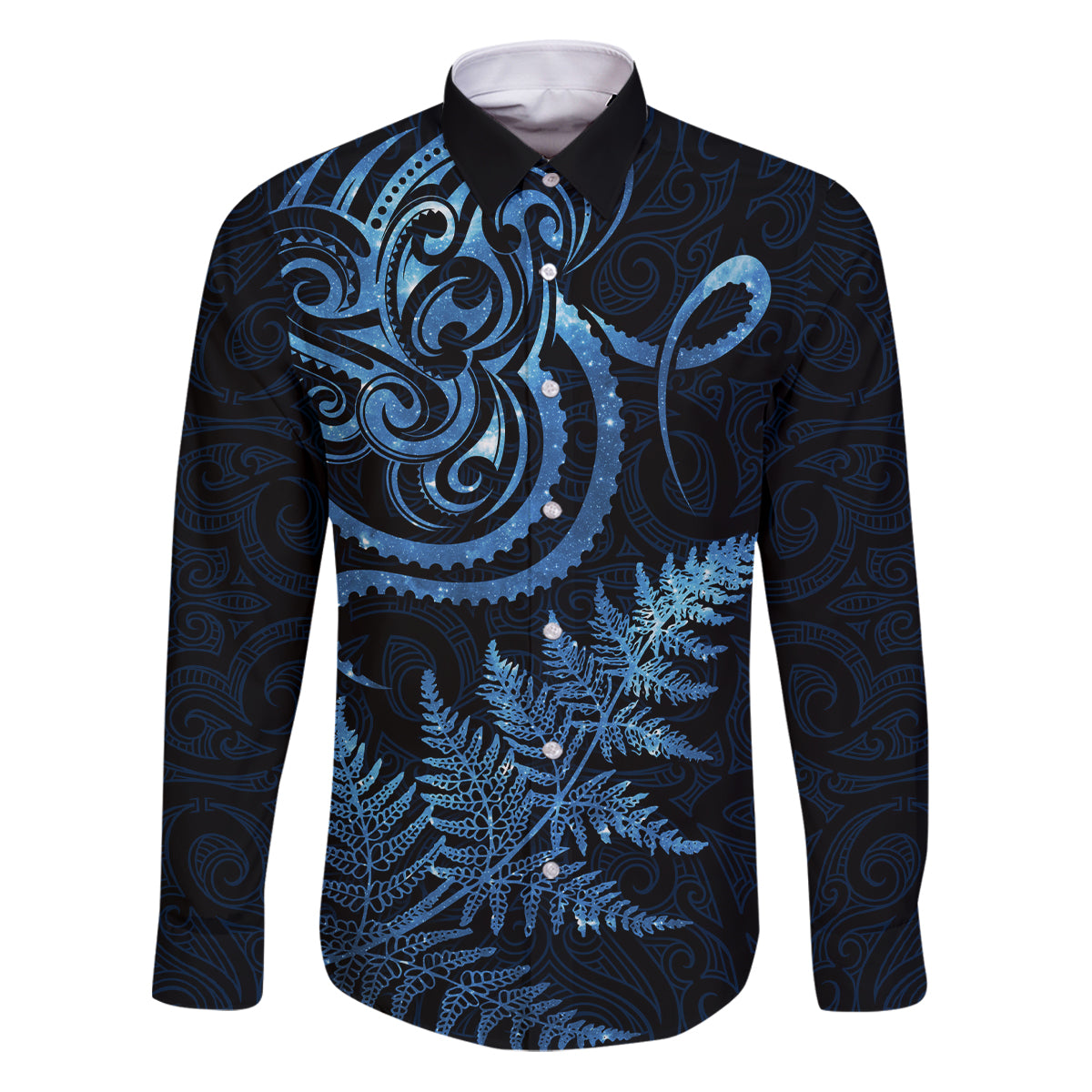 New Zealand Octopus Tattoo and Fern Family Matching Puletasi and Hawaiian Shirt Maori Pattern Matariki Style LT03 Dad's Shirt - Long Sleeve Blue - Polynesian Pride
