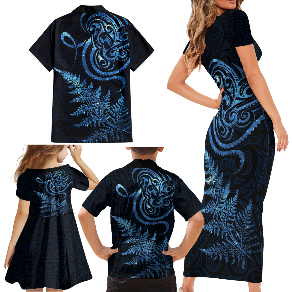 New Zealand Octopus Tattoo and Fern Family Matching Short Sleeve Bodycon Dress and Hawaiian Shirt Maori Pattern Matariki Style LT03 - Polynesian Pride