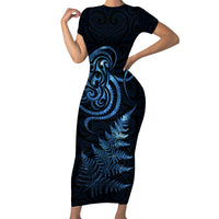 New Zealand Octopus Tattoo and Fern Family Matching Short Sleeve Bodycon Dress and Hawaiian Shirt Maori Pattern Matariki Style LT03 Mom's Dress Blue - Polynesian Pride