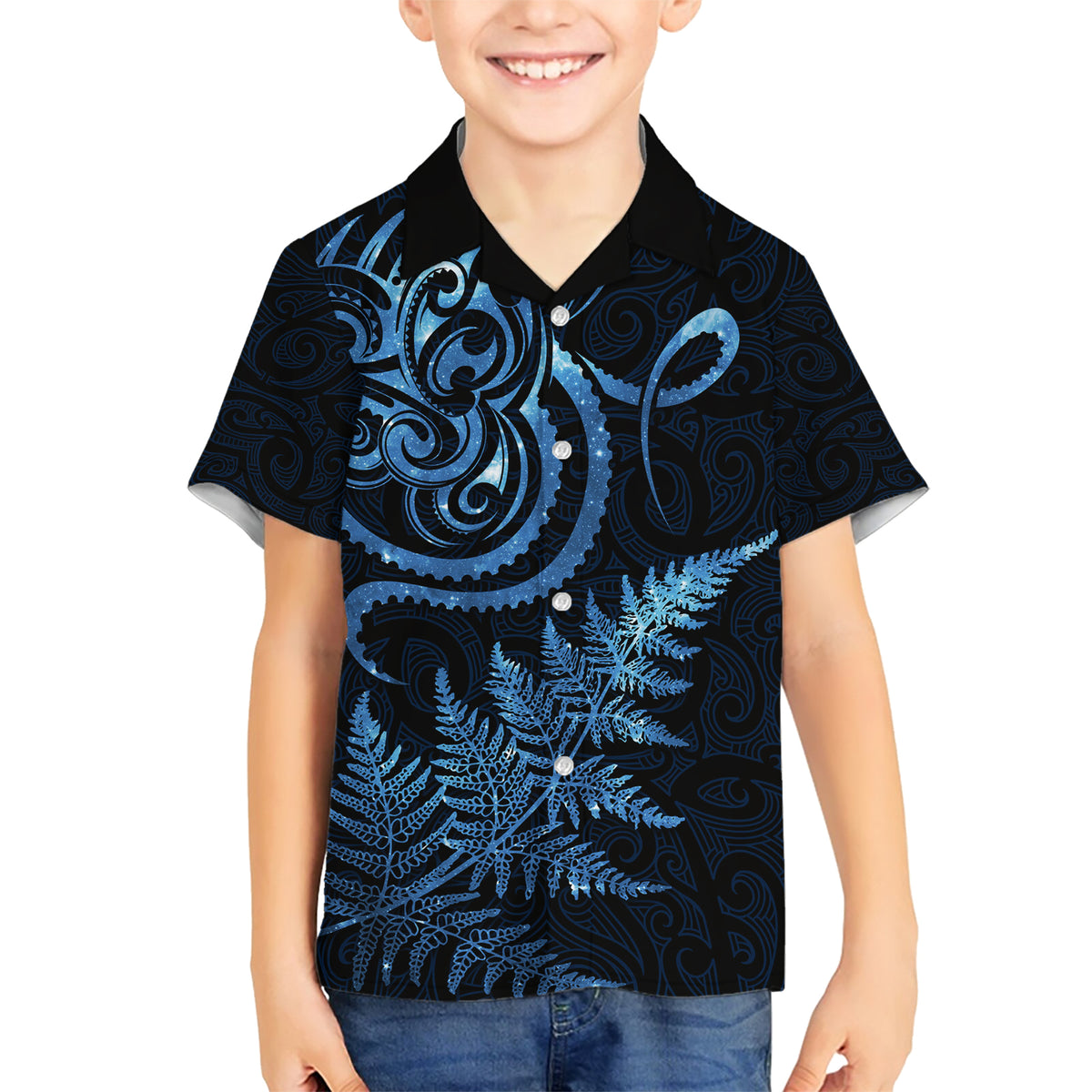 New Zealand Octopus Tattoo and Fern Family Matching Short Sleeve Bodycon Dress and Hawaiian Shirt Maori Pattern Matariki Style LT03 Son's Shirt Blue - Polynesian Pride