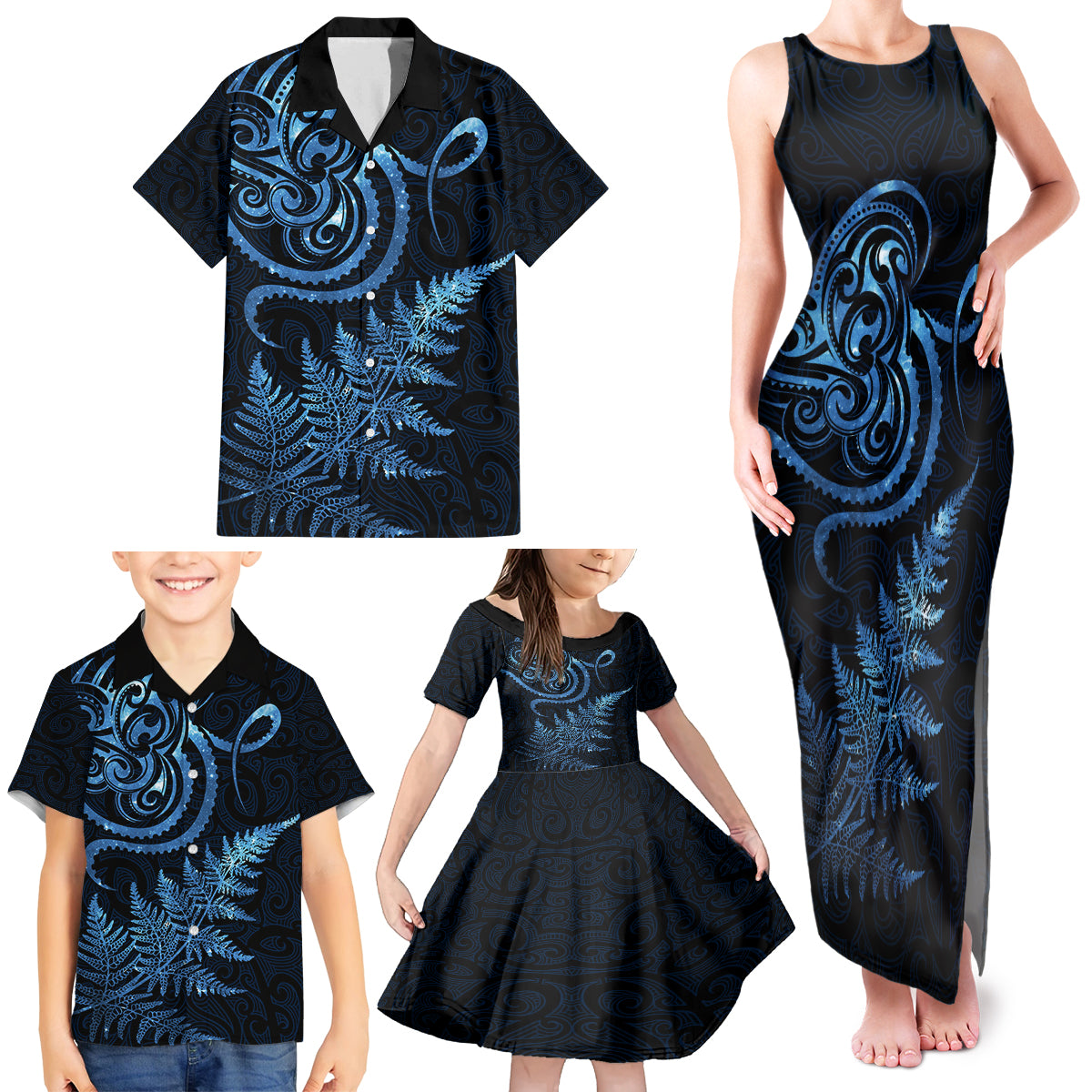 New Zealand Octopus Tattoo and Fern Family Matching Tank Maxi Dress and Hawaiian Shirt Maori Pattern Matariki Style LT03 - Polynesian Pride