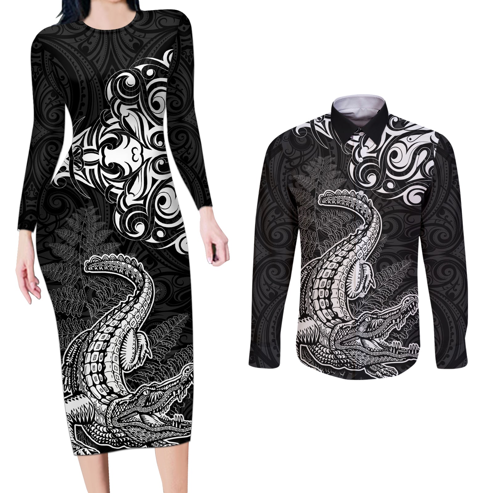 New Zealand Crocodile Tattoo and Fern Couples Matching Long Sleeve Bodycon Dress and Long Sleeve Button Shirt Maori Pattern