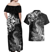 New Zealand Crocodile Tattoo and Fern Couples Matching Off Shoulder Maxi Dress and Hawaiian Shirt Maori Pattern LT03 - Polynesian Pride