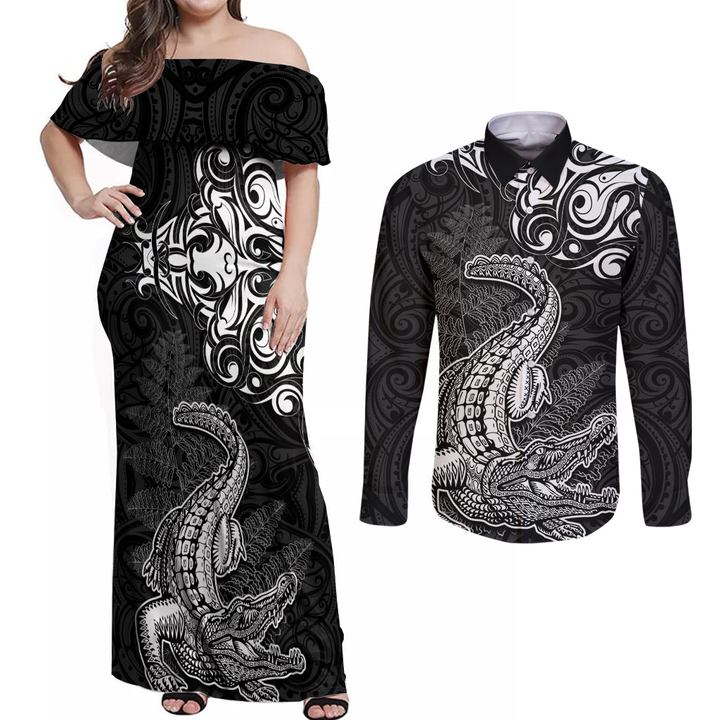 New Zealand Crocodile Tattoo and Fern Couples Matching Off Shoulder Maxi Dress and Long Sleeve Button Shirt Maori Pattern LT03 Black - Polynesian Pride