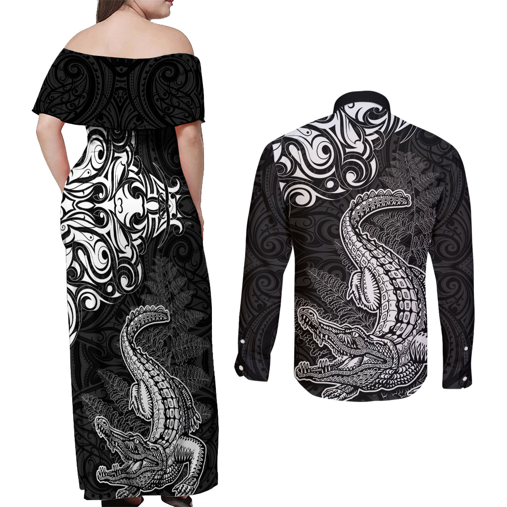 New Zealand Crocodile Tattoo and Fern Couples Matching Off Shoulder Maxi Dress and Long Sleeve Button Shirt Maori Pattern LT03 - Polynesian Pride
