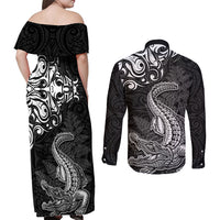 New Zealand Crocodile Tattoo and Fern Couples Matching Off Shoulder Maxi Dress and Long Sleeve Button Shirt Maori Pattern LT03 - Polynesian Pride