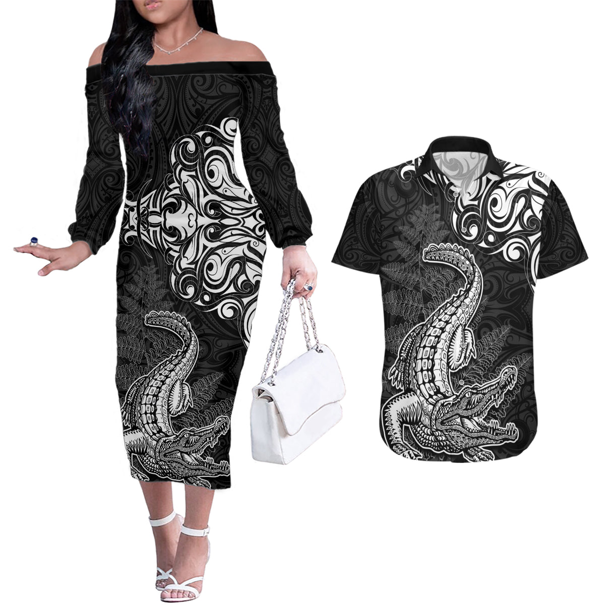New Zealand Crocodile Tattoo and Fern Couples Matching Off The Shoulder Long Sleeve Dress and Hawaiian Shirt Maori Pattern LT03 Black - Polynesian Pride