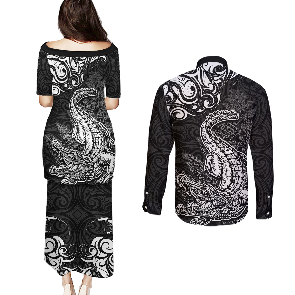 New Zealand Crocodile Tattoo and Fern Couples Matching Puletasi and Long Sleeve Button Shirt Maori Pattern