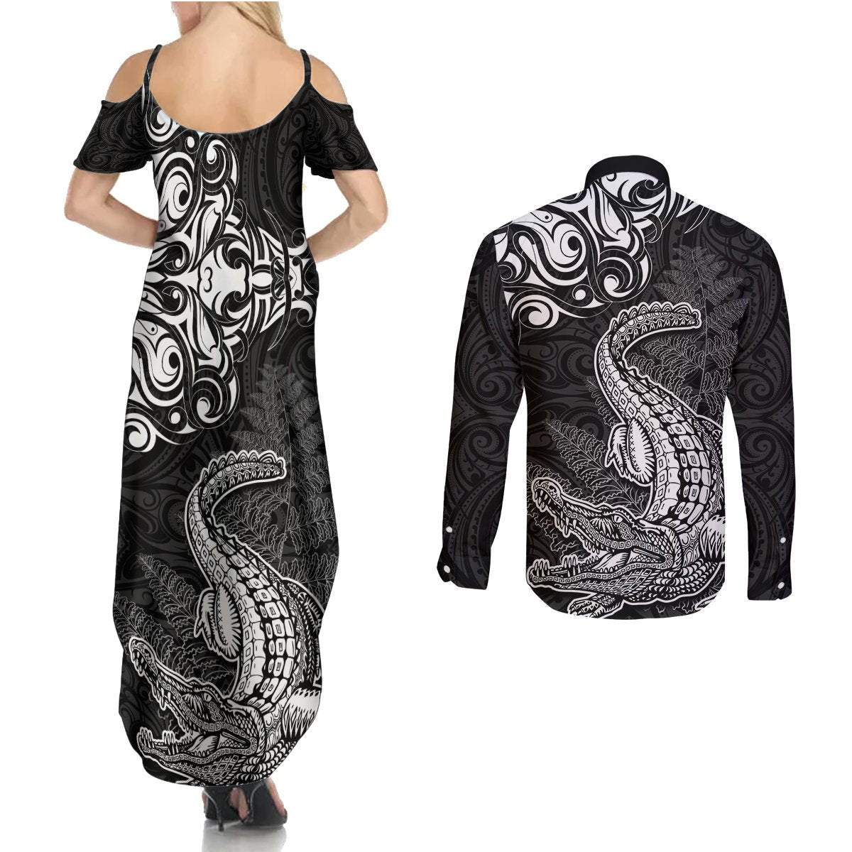 New Zealand Crocodile Tattoo and Fern Couples Matching Summer Maxi Dress and Long Sleeve Button Shirt Maori Pattern
