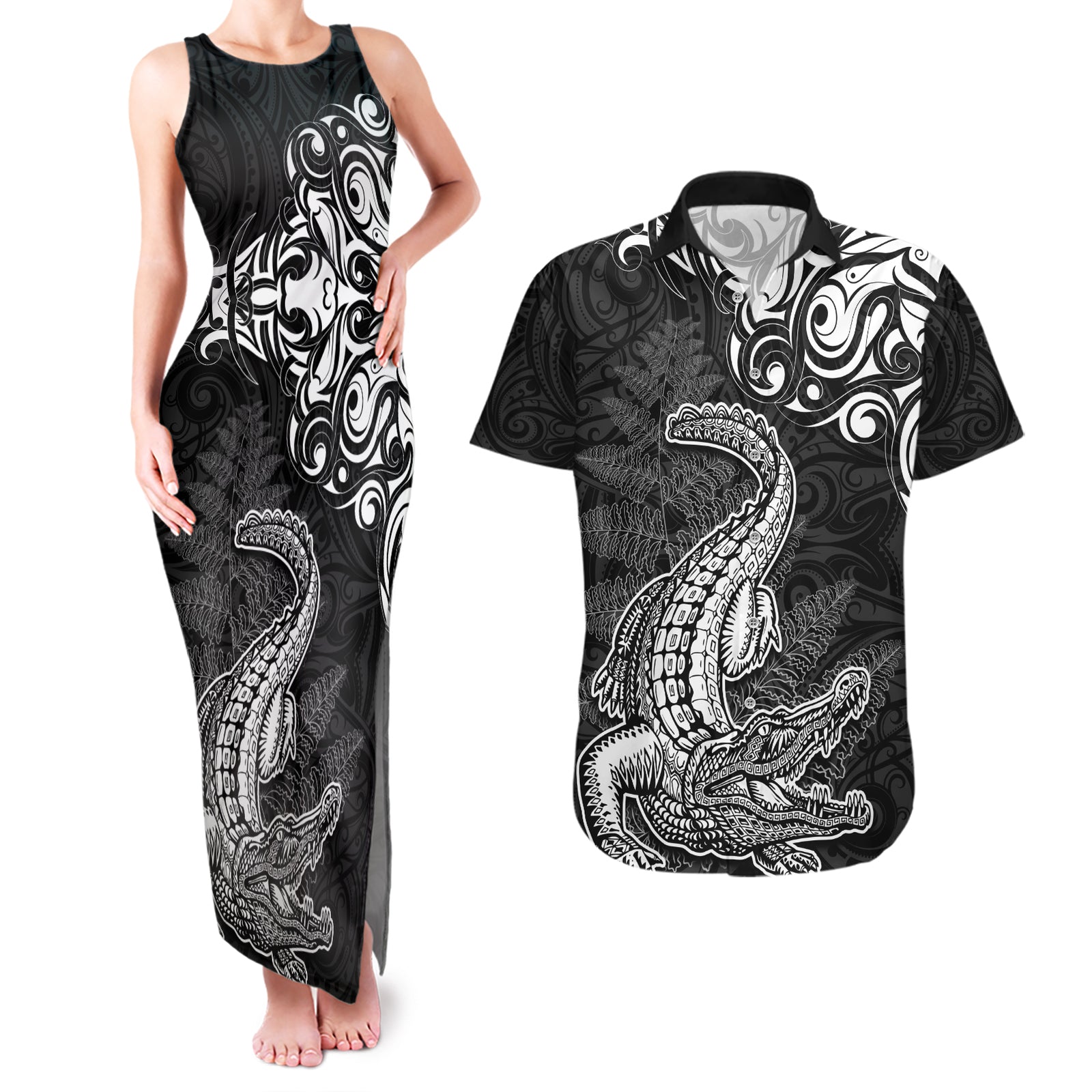 New Zealand Crocodile Tattoo and Fern Couples Matching Tank Maxi Dress and Hawaiian Shirt Maori Pattern