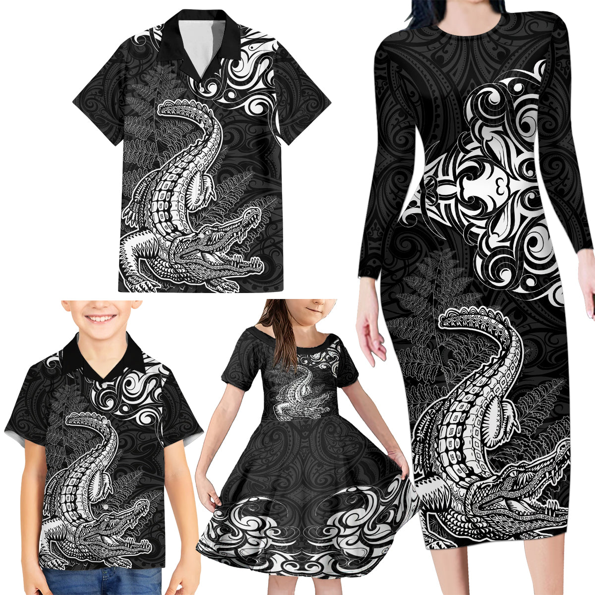 New Zealand Crocodile Tattoo and Fern Family Matching Long Sleeve Bodycon Dress and Hawaiian Shirt Maori Pattern LT03 - Polynesian Pride