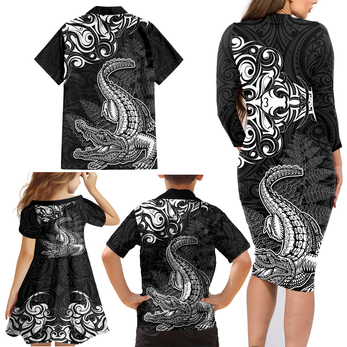 New Zealand Crocodile Tattoo and Fern Family Matching Long Sleeve Bodycon Dress and Hawaiian Shirt Maori Pattern LT03 - Polynesian Pride