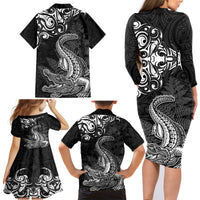 New Zealand Crocodile Tattoo and Fern Family Matching Long Sleeve Bodycon Dress and Hawaiian Shirt Maori Pattern LT03 - Polynesian Pride