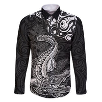 New Zealand Crocodile Tattoo and Fern Family Matching Long Sleeve Bodycon Dress and Hawaiian Shirt Maori Pattern LT03 Dad's Shirt - Long Sleeve Black - Polynesian Pride