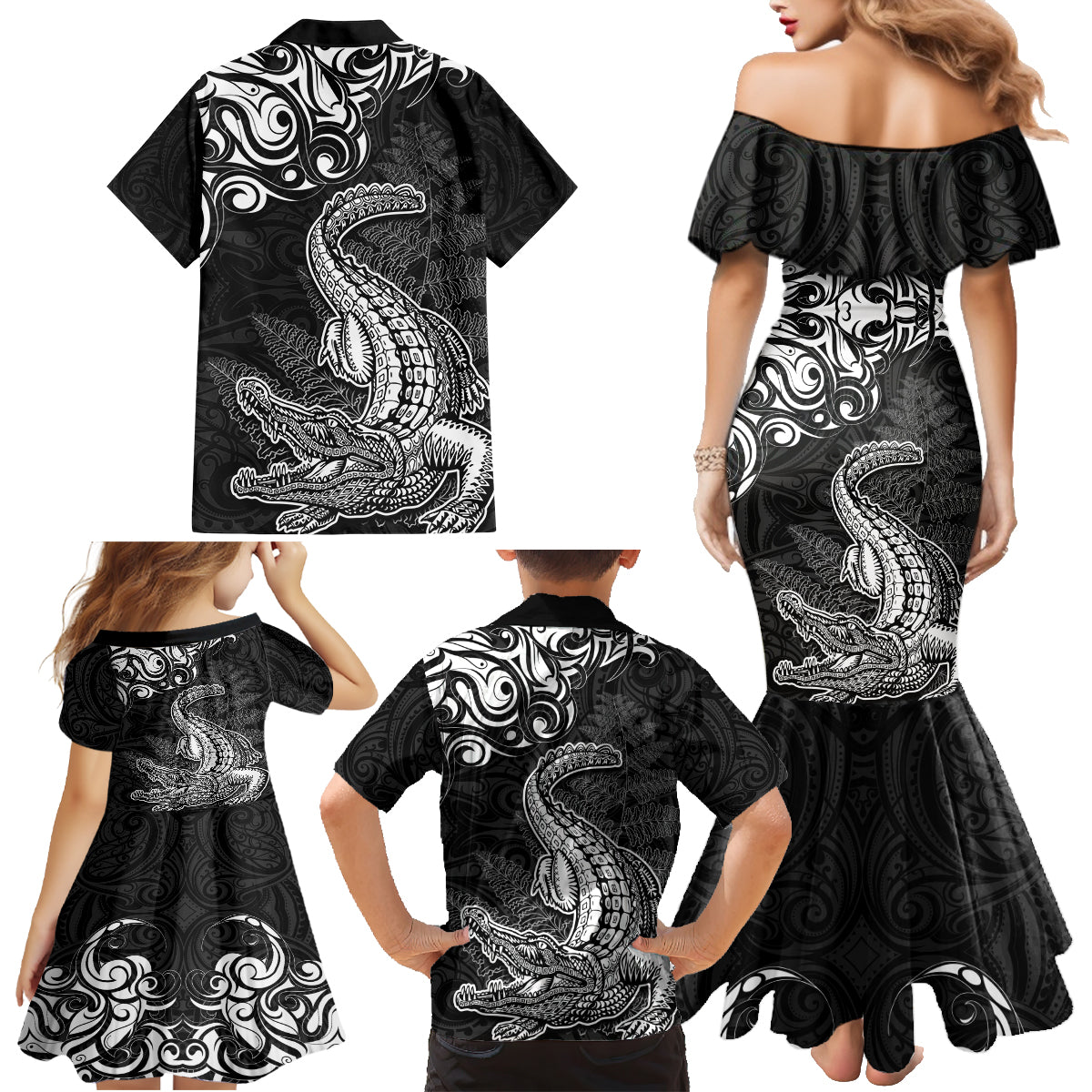 New Zealand Crocodile Tattoo and Fern Family Matching Mermaid Dress and Hawaiian Shirt Maori Pattern LT03 - Polynesian Pride
