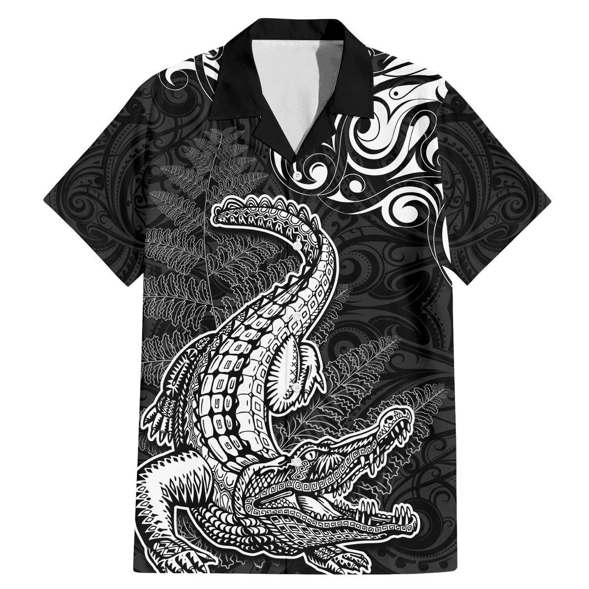 New Zealand Crocodile Tattoo and Fern Family Matching Mermaid Dress and Hawaiian Shirt Maori Pattern LT03 Dad's Shirt - Short Sleeve Black - Polynesian Pride