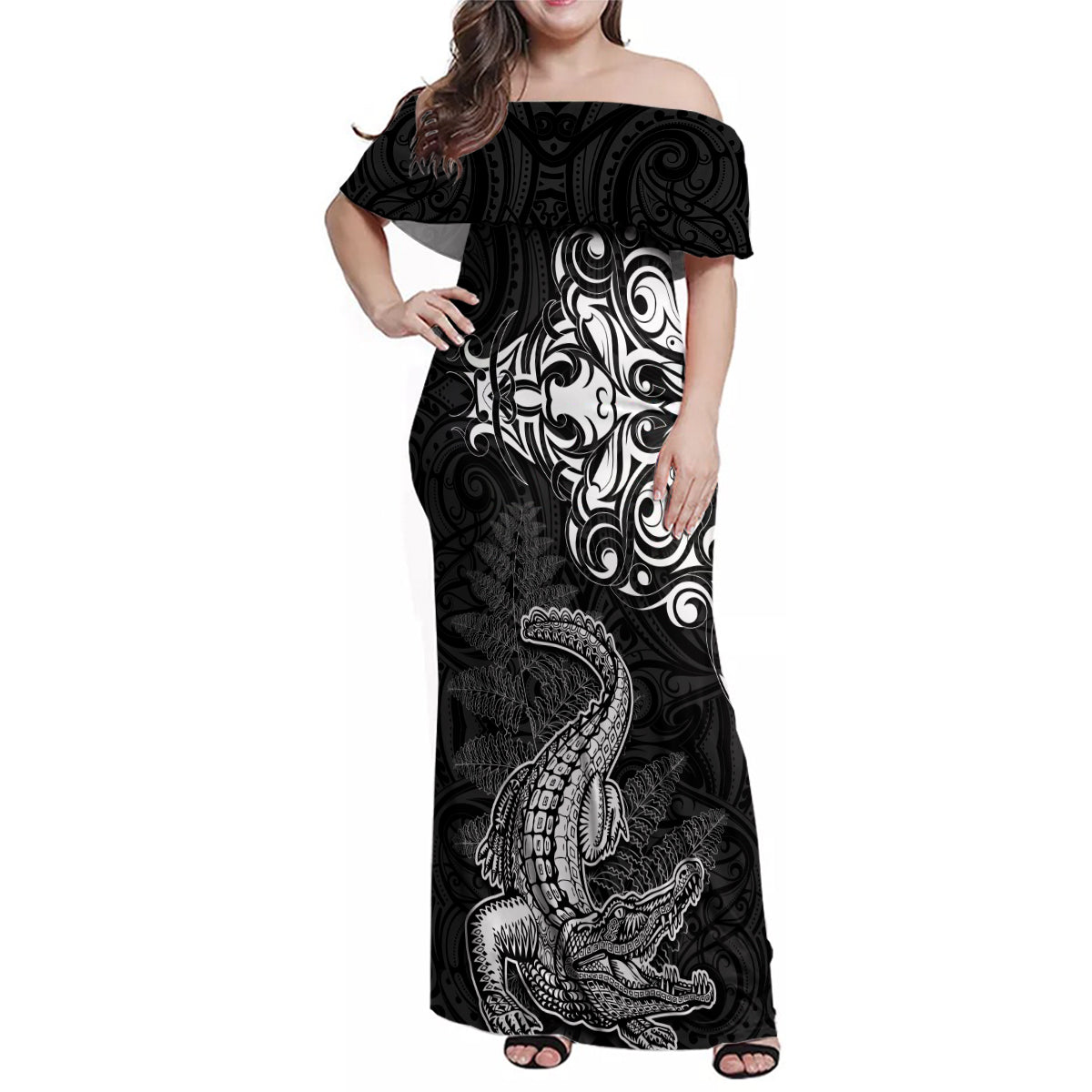 New Zealand Crocodile Tattoo and Fern Family Matching Off Shoulder Maxi Dress and Hawaiian Shirt Maori Pattern LT03 Mom's Dress Black - Polynesian Pride