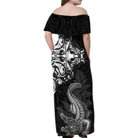 New Zealand Crocodile Tattoo and Fern Family Matching Off Shoulder Maxi Dress and Hawaiian Shirt Maori Pattern LT03 - Polynesian Pride