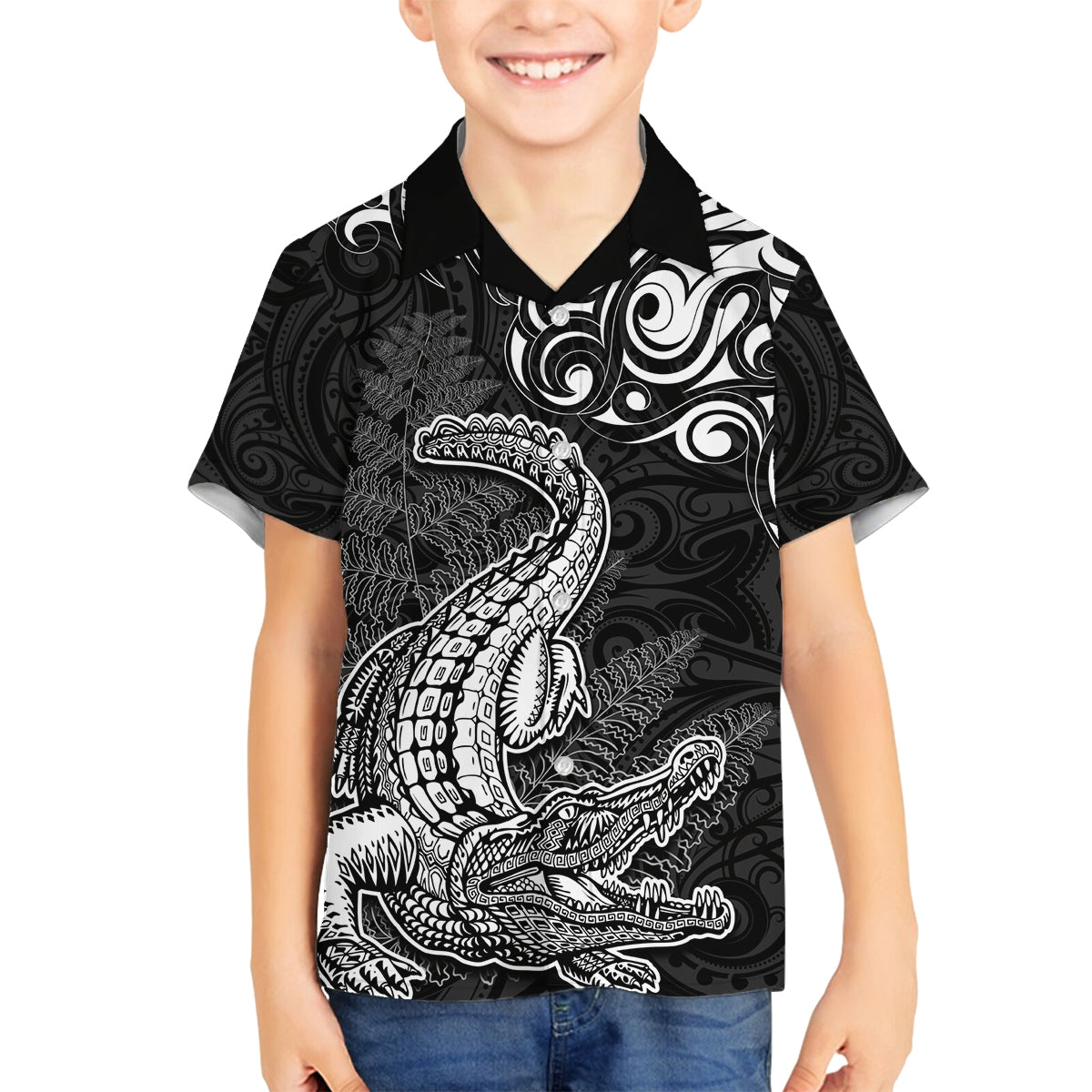 New Zealand Crocodile Tattoo and Fern Family Matching Off Shoulder Maxi Dress and Hawaiian Shirt Maori Pattern LT03 Son's Shirt Black - Polynesian Pride