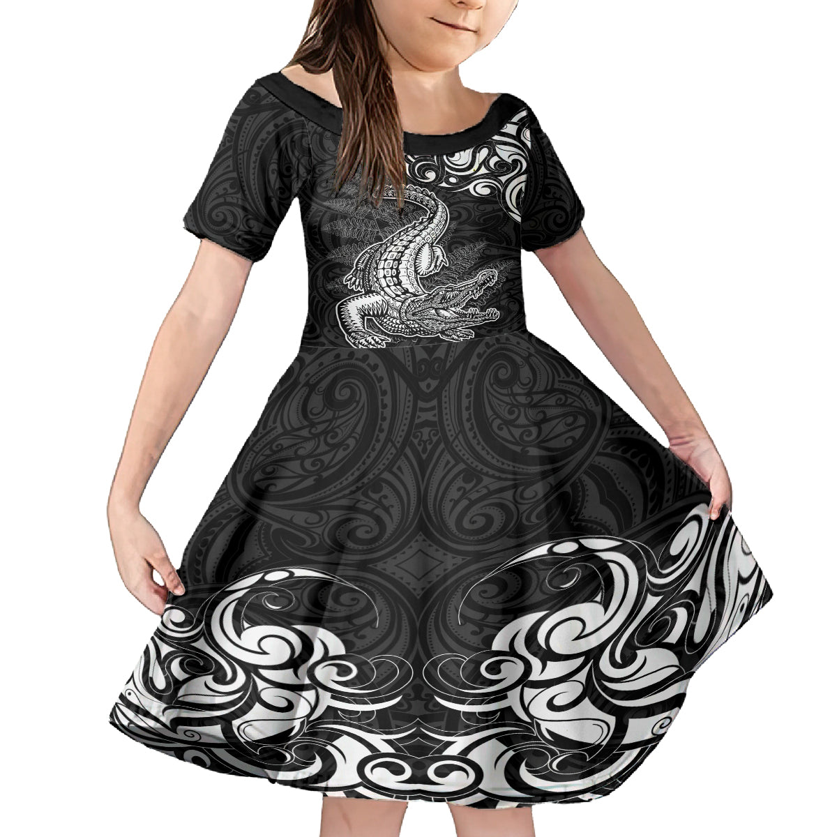 New Zealand Crocodile Tattoo and Fern Family Matching Off Shoulder Short Dress and Hawaiian Shirt Maori Pattern LT03 Daughter's Dress Black - Polynesian Pride
