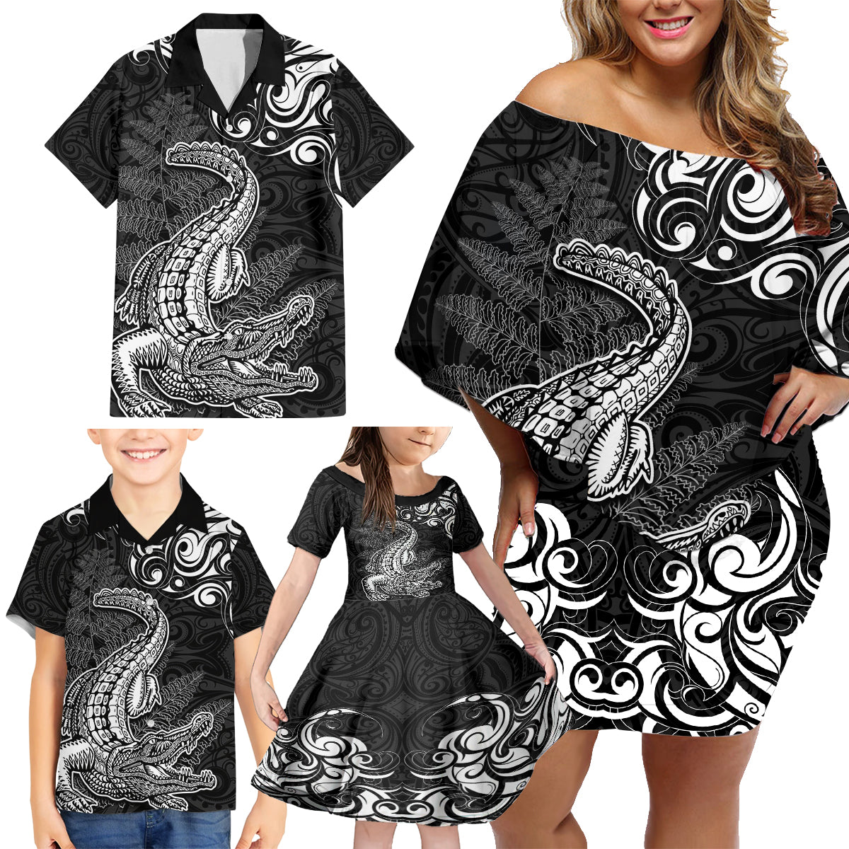 New Zealand Crocodile Tattoo and Fern Family Matching Off Shoulder Short Dress and Hawaiian Shirt Maori Pattern LT03 - Polynesian Pride