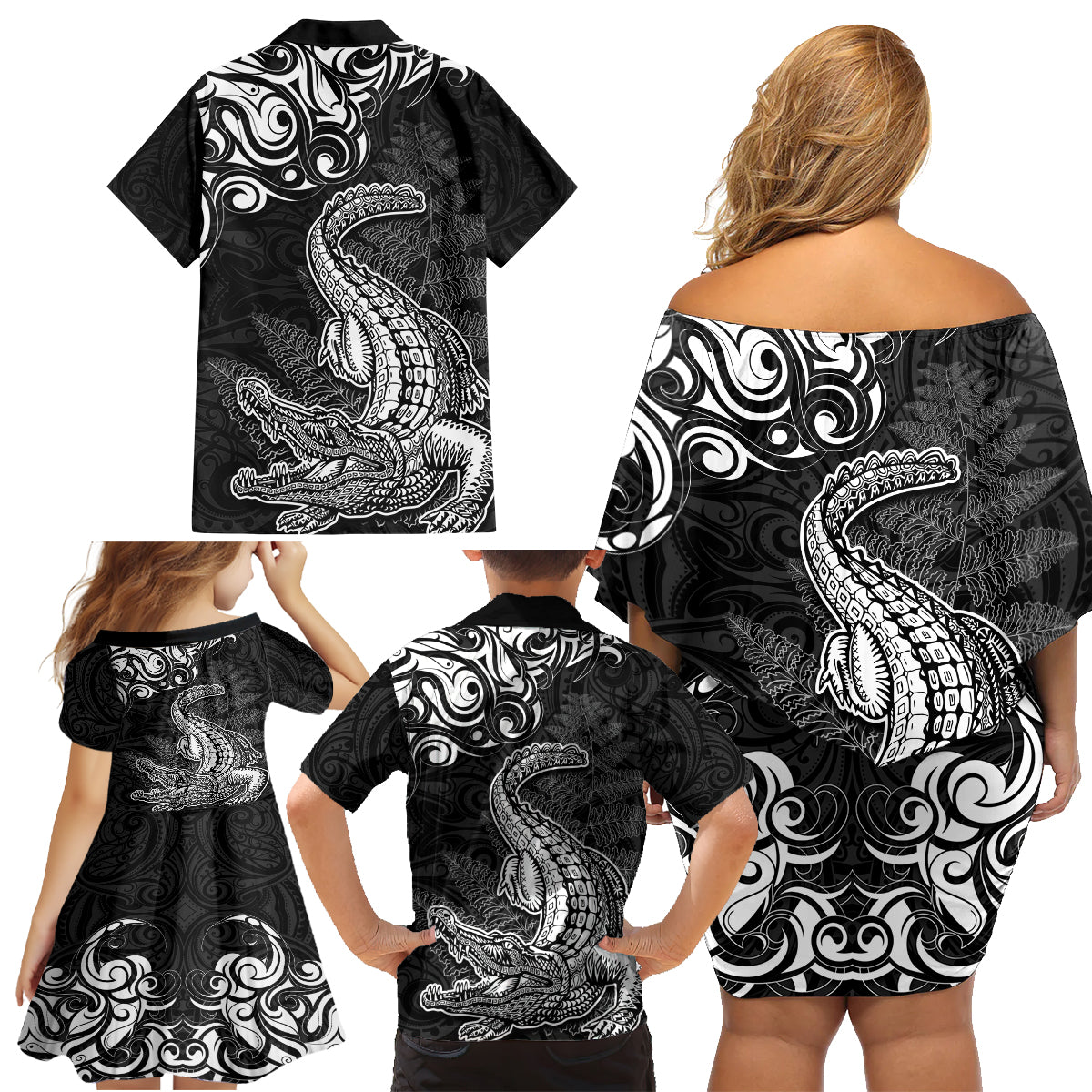 New Zealand Crocodile Tattoo and Fern Family Matching Off Shoulder Short Dress and Hawaiian Shirt Maori Pattern LT03 - Polynesian Pride
