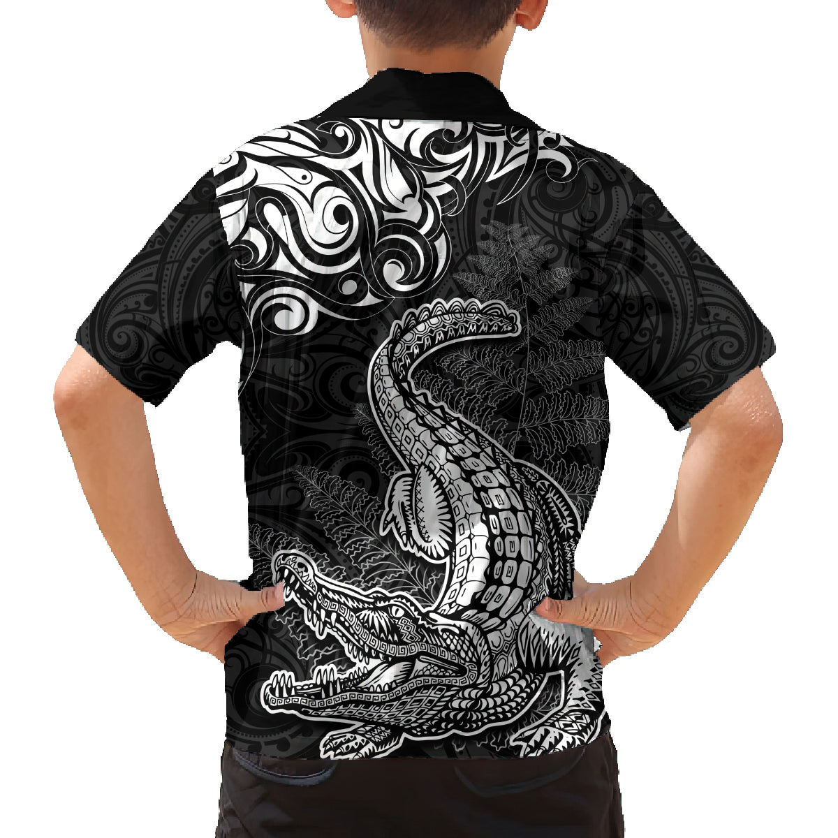New Zealand Crocodile Tattoo and Fern Family Matching Puletasi and Hawaiian Shirt Maori Pattern LT03 - Polynesian Pride