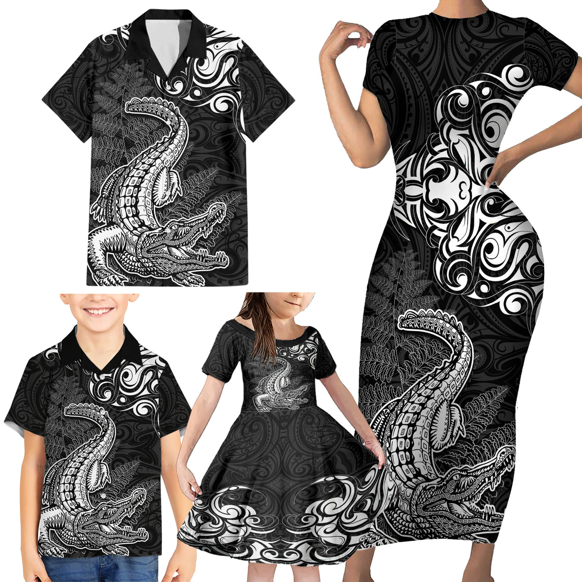 New Zealand Crocodile Tattoo and Fern Family Matching Short Sleeve Bodycon Dress and Hawaiian Shirt Maori Pattern LT03 - Polynesian Pride
