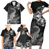New Zealand Crocodile Tattoo and Fern Family Matching Short Sleeve Bodycon Dress and Hawaiian Shirt Maori Pattern LT03 - Polynesian Pride