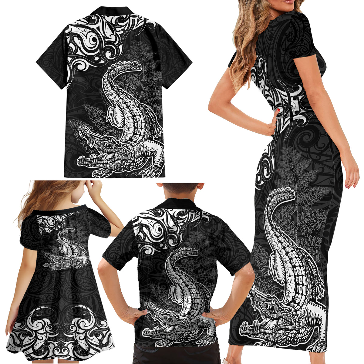 New Zealand Crocodile Tattoo and Fern Family Matching Short Sleeve Bodycon Dress and Hawaiian Shirt Maori Pattern LT03 - Polynesian Pride