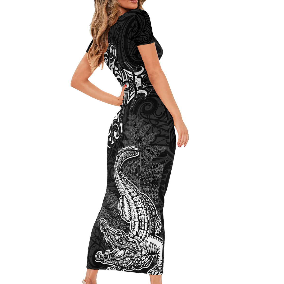 New Zealand Crocodile Tattoo and Fern Family Matching Short Sleeve Bodycon Dress and Hawaiian Shirt Maori Pattern LT03 - Polynesian Pride
